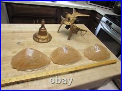 3 Bulb Art Deco Slip Shade Glass Amber Peach Hanging Lamp Chandelier