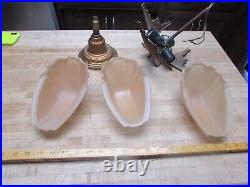 3 Bulb Art Deco Slip Shade Glass Amber Peach Hanging Lamp Chandelier