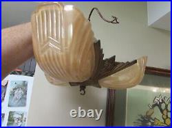 3 Bulb Art Deco Slip Shade Glass Amber Peach Hanging Lamp Chandelier