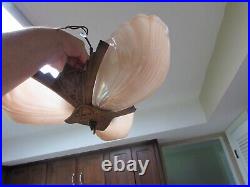 3 Bulb Art Deco Slip Shade Glass Amber Peach Hanging Lamp Chandelier