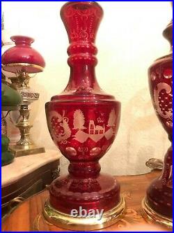 3 Vintage Large Bohemian Czech Red Glass Table Lamps