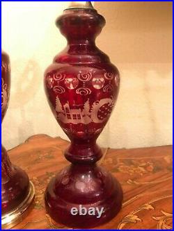 3 Vintage Large Bohemian Czech Red Glass Table Lamps