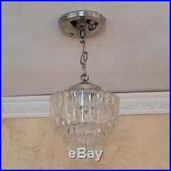 527b Vintage Antique arT Deco Ceiling Light Lamp Chrome Fixture Glass Hall Bath