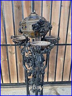 57x24 Huge Antique Iron Leaded Glass Marble Planter Art Nouveau era Lamp
