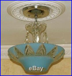 597 Vintage antique aRT DEco Ceiling Light Lamp Fixture Glass Chandelier blue
