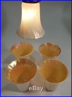5 SIGNED VINTAGE QUEZAL/STEUBEN BELL-SHAPED GOLD AURENE ART GLASS LAMP SHADES
