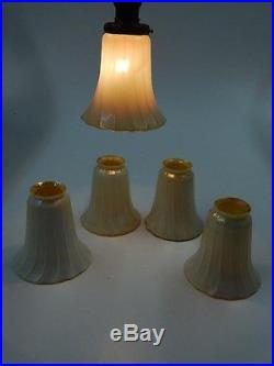 5 SIGNED VINTAGE QUEZAL/STEUBEN BELL-SHAPED GOLD AURENE ART GLASS LAMP SHADES