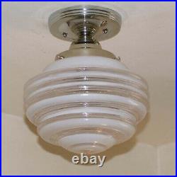 838 Vintage Antique arT Deco Ceiling Light Lamp Chrome Fixture Glass Hall Bath