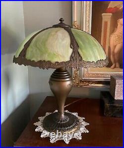 ANTIQUE 1920s-30s Singed SALEM BROS Art Glass Lamp-Green and Pink curved panels