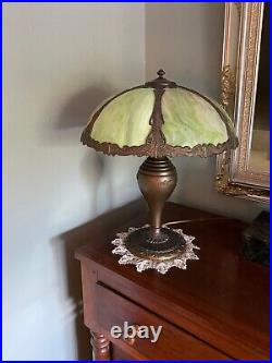 ANTIQUE 1920s-30s Singed SALEM BROS Art Glass Lamp-Green and Pink curved panels