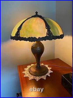 ANTIQUE 1920s RARE Singed SALEM BROS Art Glass Lamp-Green and Pink curved panels