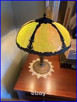 ANTIQUE 1920s RARE Singed SALEM BROS Art Glass Lamp-Green and Pink curved panels