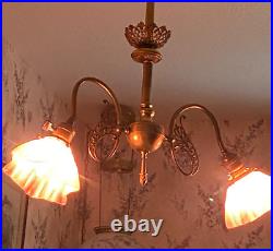 ANTIQUE 2-ARM BRASS HANGING LAMP/ LIGHT/ CHANDELIER with ART GLASS SHADES