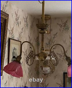 ANTIQUE 2-ARM BRASS HANGING LAMP/ LIGHT/ CHANDELIER with ART GLASS SHADES