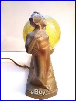 ANTIQUE ART DECO CAST METAL SEMI NUDE LADIES LAMP With CRACKLE GLASS SHADE WORKS