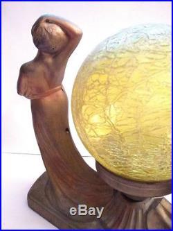 ANTIQUE ART DECO CAST METAL SEMI NUDE LADIES LAMP With CRACKLE GLASS SHADE WORKS