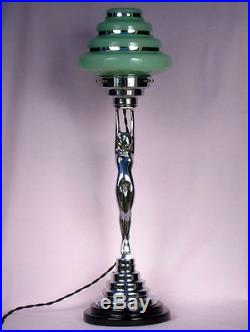 ANTIQUE ART DECO CHROME BAKELITE DIANA LADY LAMP, GREEN GLASS SHADE