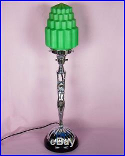 ANTIQUE ART DECO CHROME BAKELITE DIANA LADY LAMP, SKYSCRAPER GREEN GLASS SHADE