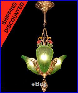 ANTIQUE ART DECO GREEN GLASS, 3 SLIP SHADE CHANDELIER LAMP LIGHT FIXTURE c1920s