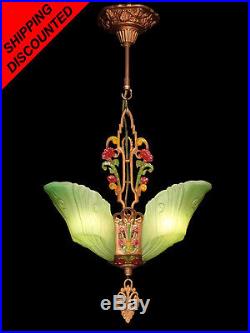 ANTIQUE ART DECO GREEN GLASS, 3 SLIP SHADE CHANDELIER LIGHTS LAMPS FIXTURE c1930