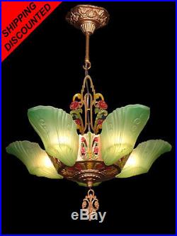 ANTIQUE ART DECO GREEN GLASS 5 SLIP SHADE CHANDELIER LIGHTS LAMP FIXTURE 1930s