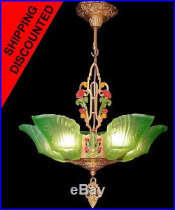 ANTIQUE ART DECO GREEN GLASS, 5 SLIP SHADE CHANDELIER LIGHT LAMPS FIXTURE c1920s