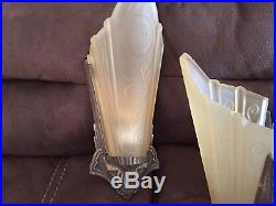 ANTIQUE ART DECO Gold GLASS, 5 SLIP SHADE CHANDELIER LAMP FIXTURE c. 1930's