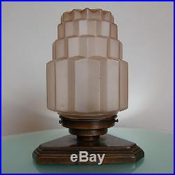 ANTIQUE ART DECO c1930 TABLE LAMP SKYSCRAPER GLOBE PINK GLASS METAL BASE