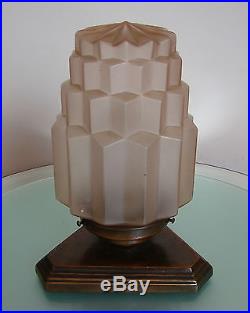 ANTIQUE ART DECO c1930 TABLE LAMP SKYSCRAPER GLOBE PINK GLASS METAL BASE