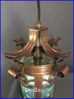 Antique Art Nouveau Copper Hall Lantern With Vaseline Glass Light Shade