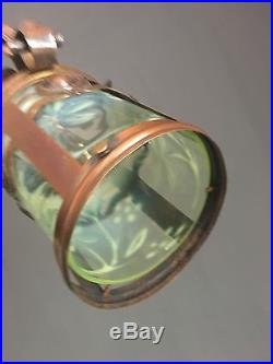 Antique Art Nouveau Copper Hall Lantern With Vaseline Glass Light Shade