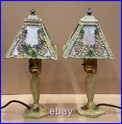 ANTIQUE ART NOUVEAU Pair of Floral Pattern Boudoir Lamps Caramel Slag Glass
