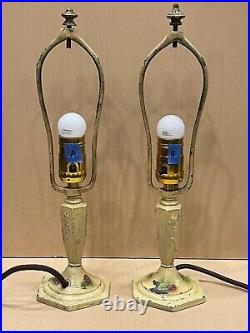 ANTIQUE ART NOUVEAU Pair of Floral Pattern Boudoir Lamps Caramel Slag Glass
