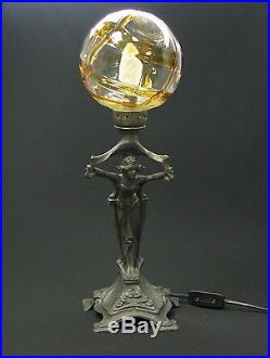 ANTIQUE ART NOUVEAU RARE LAMP PALLME KONIG GLASS SHADE W WOMAN FLORAL 1900's x