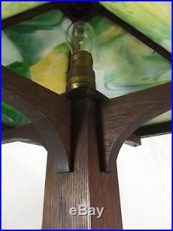 ANTIQUE Arts and Crafts lamp Green Slag Glass SOLID OAK Mission LARGE 1900's