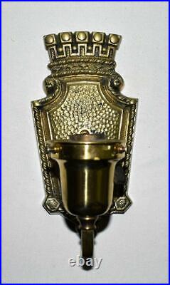 ANTIQUE BRASS WALL SCONCE with QUEZAL GOLD THREADED HANGING HEART ART GLASS SHADE