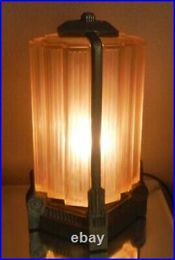 ANTIQUE FRENCH ART DECO BRONZE/SALMON GLASS LAMP-c1920