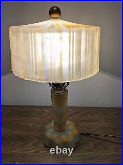 ANTIQUE FROSTED GLASS ART DECO LAMP WithRIBBED GLASS SHADE APPROX 14 Tall