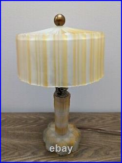 ANTIQUE FROSTED GLASS ART DECO LAMP WithRIBBED GLASS SHADE APPROX 14 Tall
