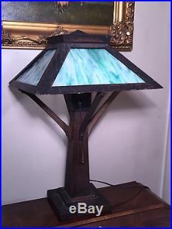 Antique Mission Oak Arts And Crafts Table Lamp Green Slag Glass