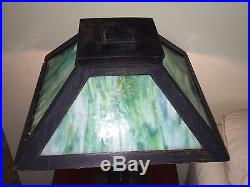 Antique Mission Oak Arts And Crafts Table Lamp Green Slag Glass