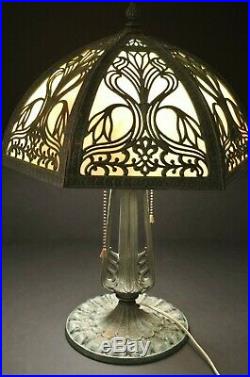 ANTIQUE OLD Vintage SLAG GLASS IRON LAMP ART DECO NOUVEAU FLORAL 6 Panel