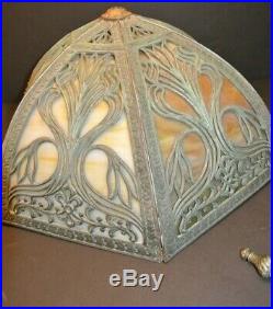 ANTIQUE OLD Vintage SLAG GLASS IRON LAMP ART DECO NOUVEAU FLORAL 6 Panel