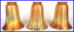 Antique Quezal Art Glass Gold Aurene Irridesent Lamp Shades Matched Set 3 Signed