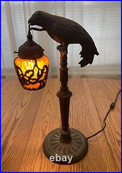 ANTIQUE VINTAGE CAST METAL PARROT ART DECO ACCENT LAMP With CAGED GLASS SHADE