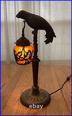 ANTIQUE VINTAGE CAST METAL PARROT ART DECO ACCENT LAMP With CAGED GLASS SHADE