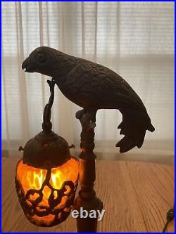 ANTIQUE VINTAGE CAST METAL PARROT ART DECO ACCENT LAMP With CAGED GLASS SHADE