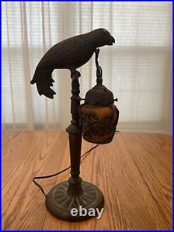 ANTIQUE VINTAGE CAST METAL PARROT ART DECO ACCENT LAMP With CAGED GLASS SHADE