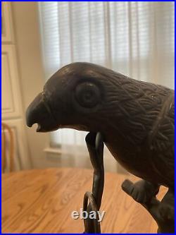 ANTIQUE VINTAGE CAST METAL PARROT ART DECO ACCENT LAMP With CAGED GLASS SHADE