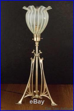 ARTS AND CRAFTS Brass Table Lamp with Benson Powell Vaseline Glass Shade c. 1900